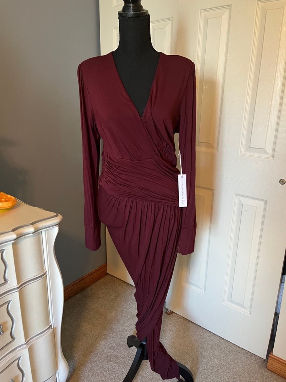 Young Fabulous & Broke Burgundy Wrap-Style Long Sleeve Dress, Sexy